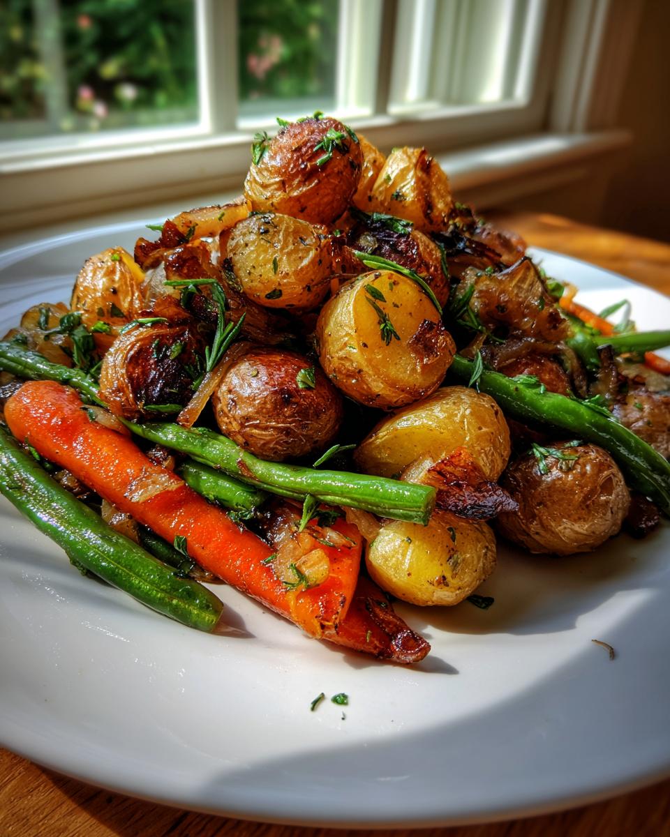 A plate piled high with Garlic Herb Roasted Veggies, including golden potatoes, bright carrots, and green beans.
