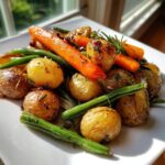 A close-up serving of glossy Garlic Herb Roasted Veggies including baby potatoes, carrots, and green beans, garnished with rosemary.
