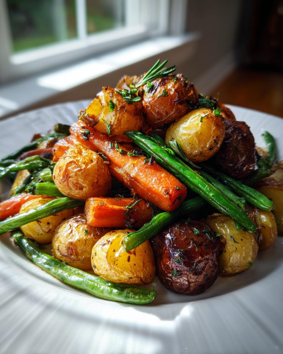 A close-up of vibrant Garlic Herb Roasted Veggies featuring golden potatoes, bright carrots, and green beans, garnished with rosemary.