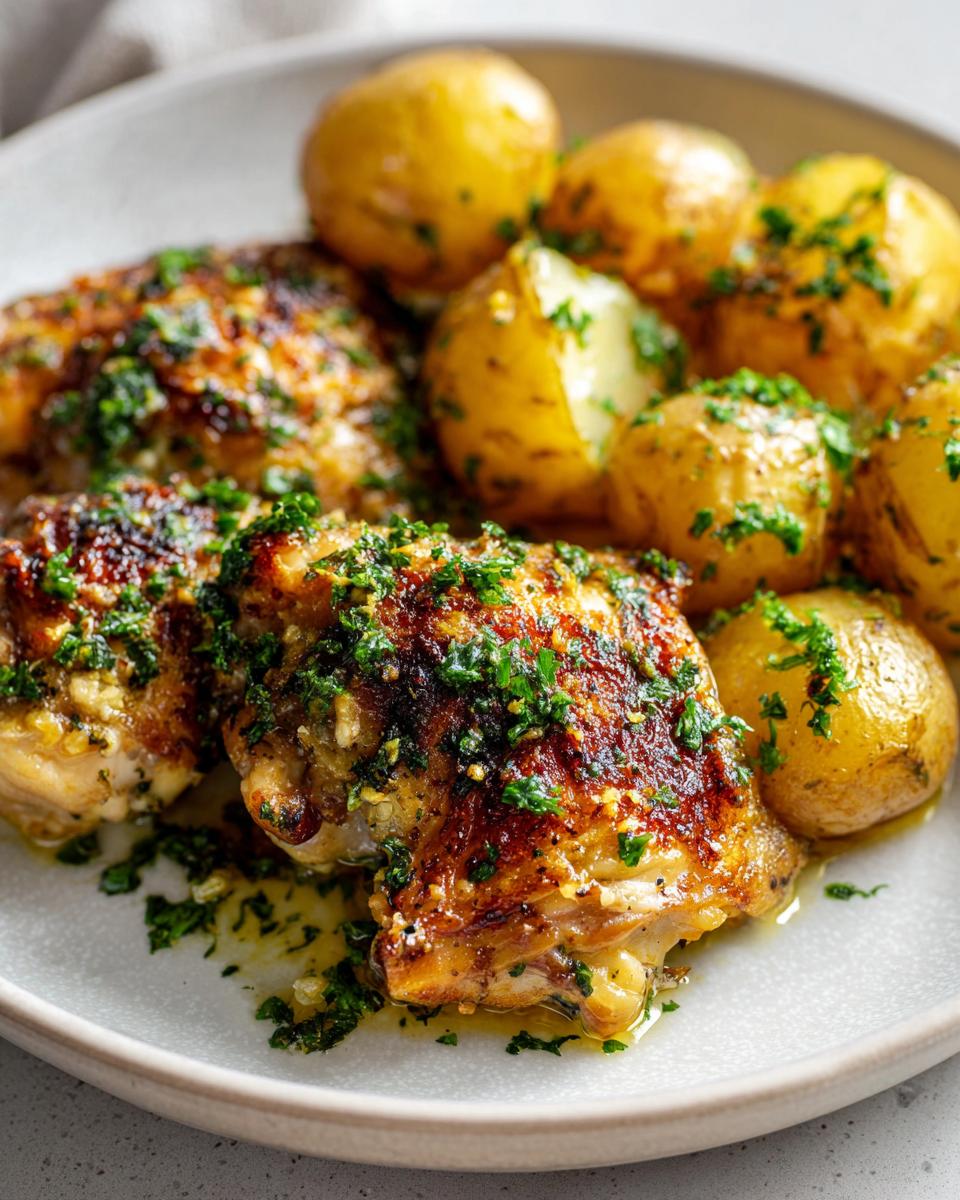 Close-up of crispy skin garlic parmesan chicken and roasted baby potatoes garnished with parsley.