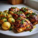 Close-up of perfectly roasted garlic parmesan chicken and potatoes garnished with fresh parsley.