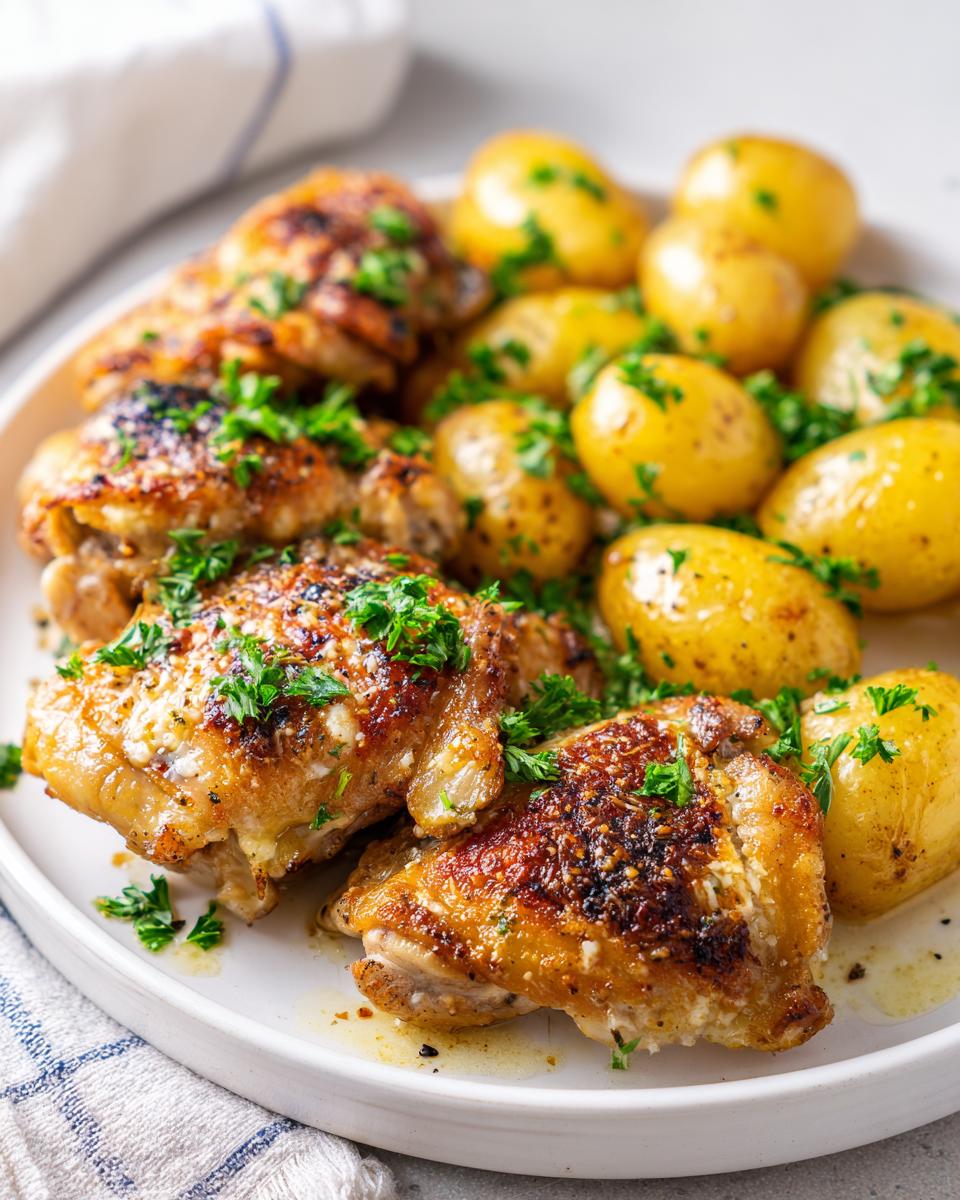 Close-up of crispy skin garlic parmesan chicken and roasted baby potatoes garnished with fresh parsley.