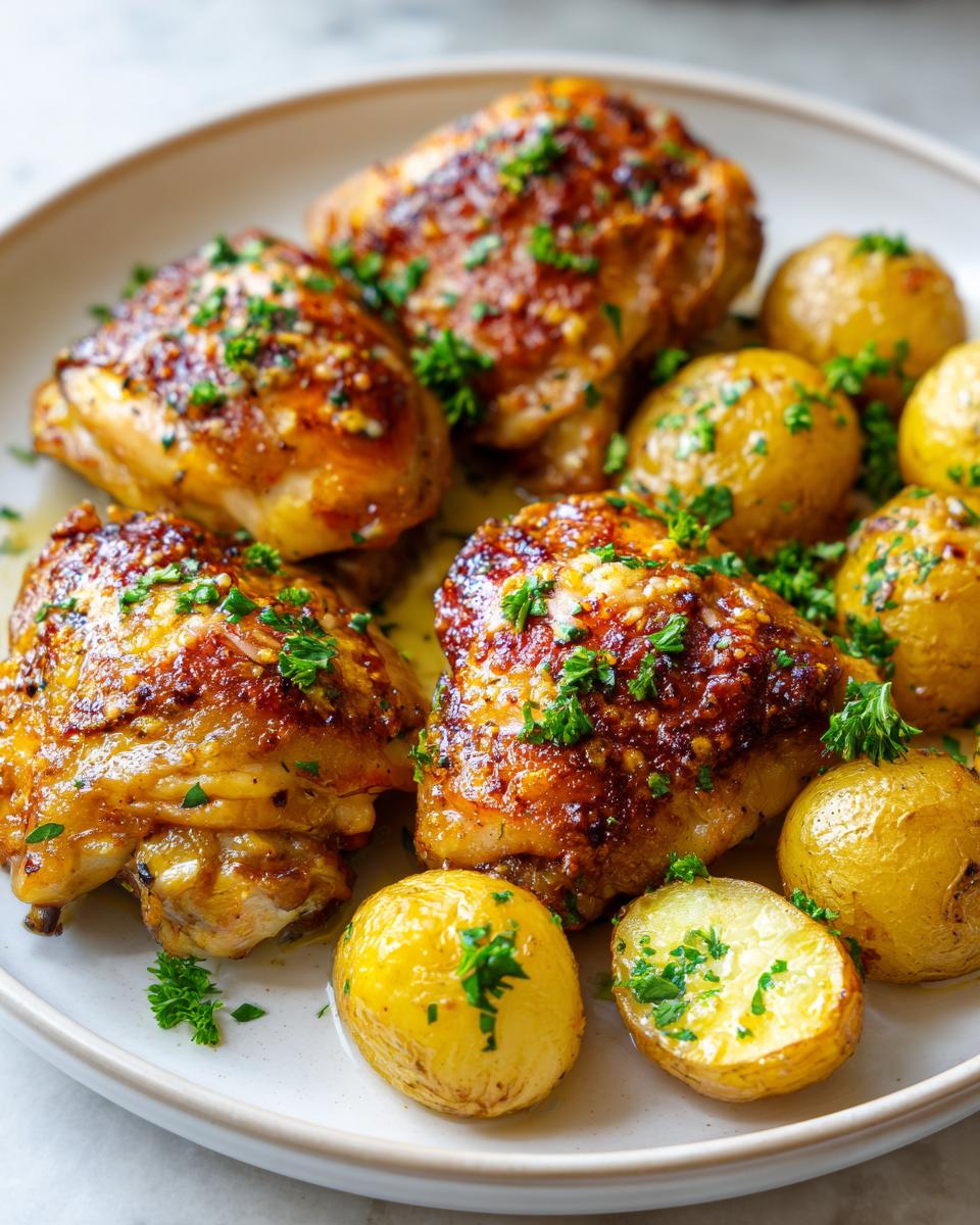 Four pieces of golden-brown garlic parmesan chicken and roasted potatoes garnished with fresh parsley.