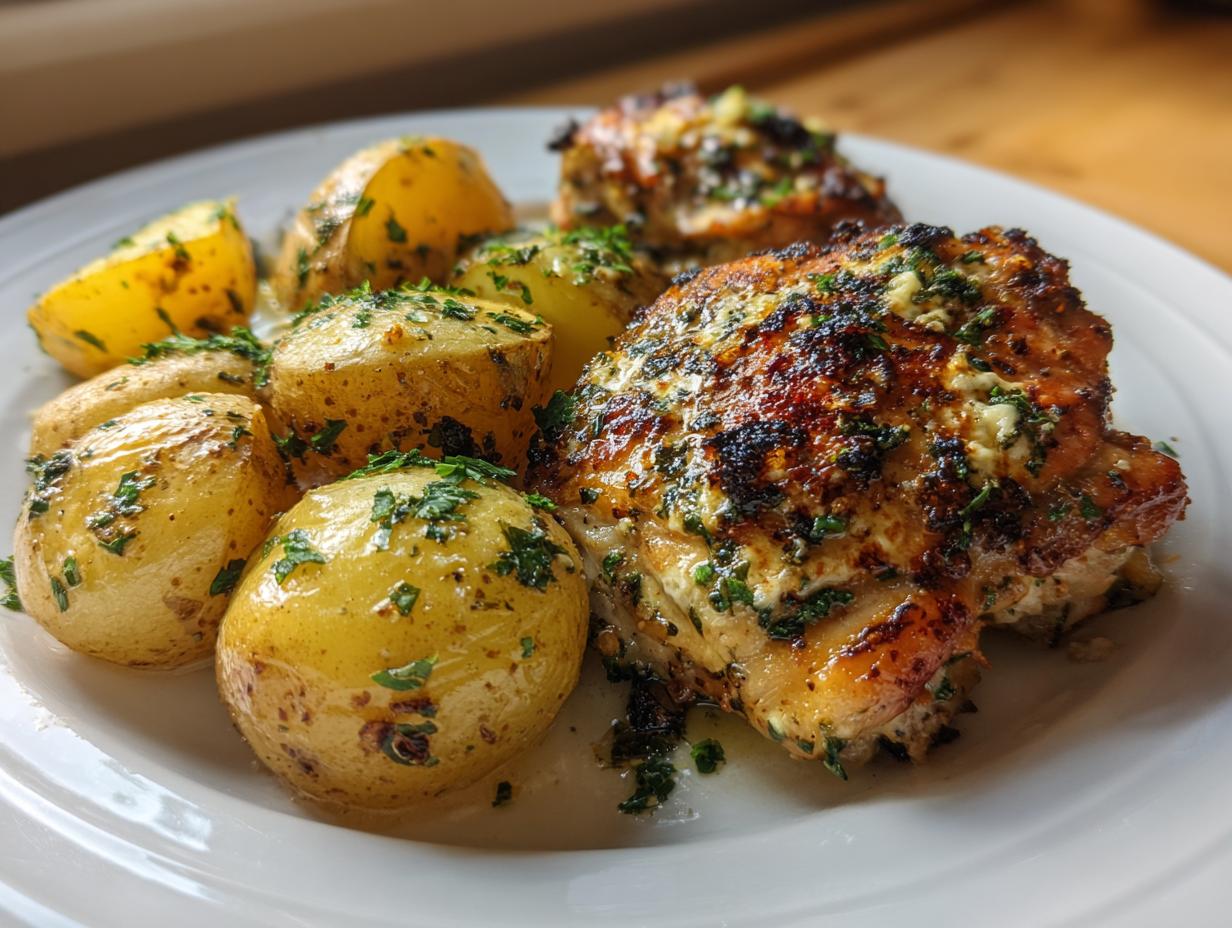 Close-up of juicy, browned garlic parmesan chicken and roasted potatoes sprinkled with fresh parsley.