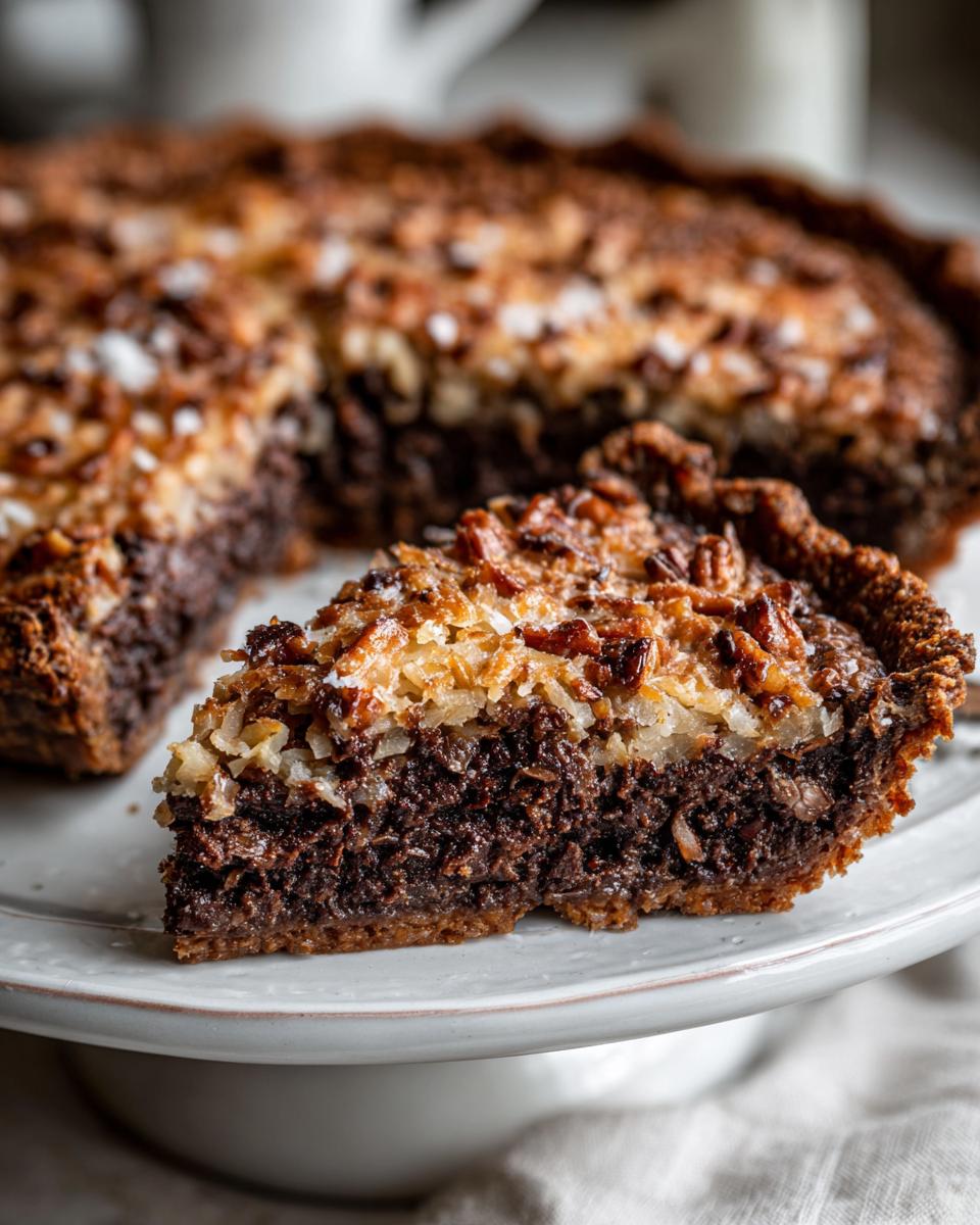 A close-up slice of german chocolate pie showing the rich chocolate layer and toasted coconut pecan topping.