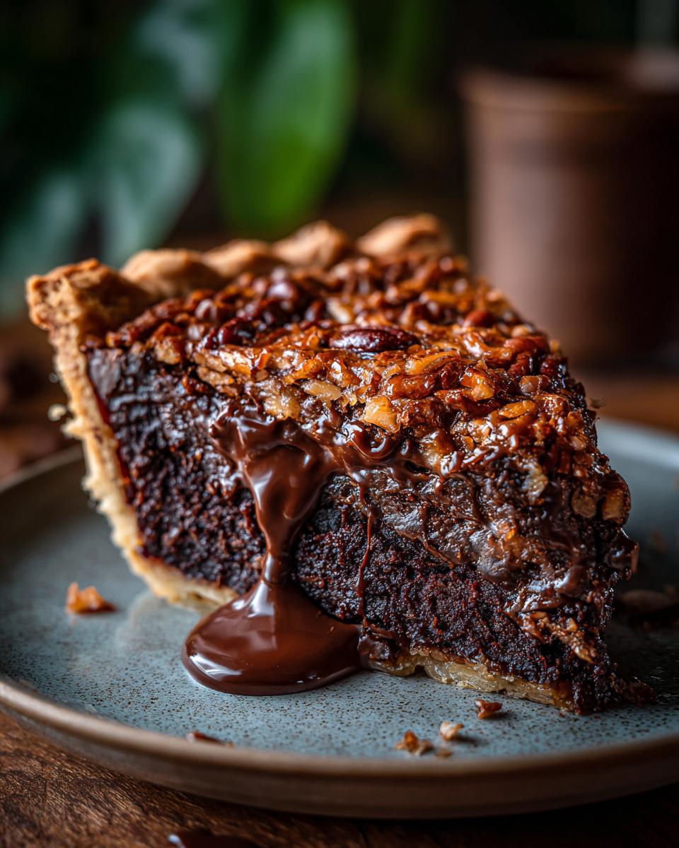 Close-up of a rich slice of german chocolate pie with a gooey chocolate sauce dripping down the side.