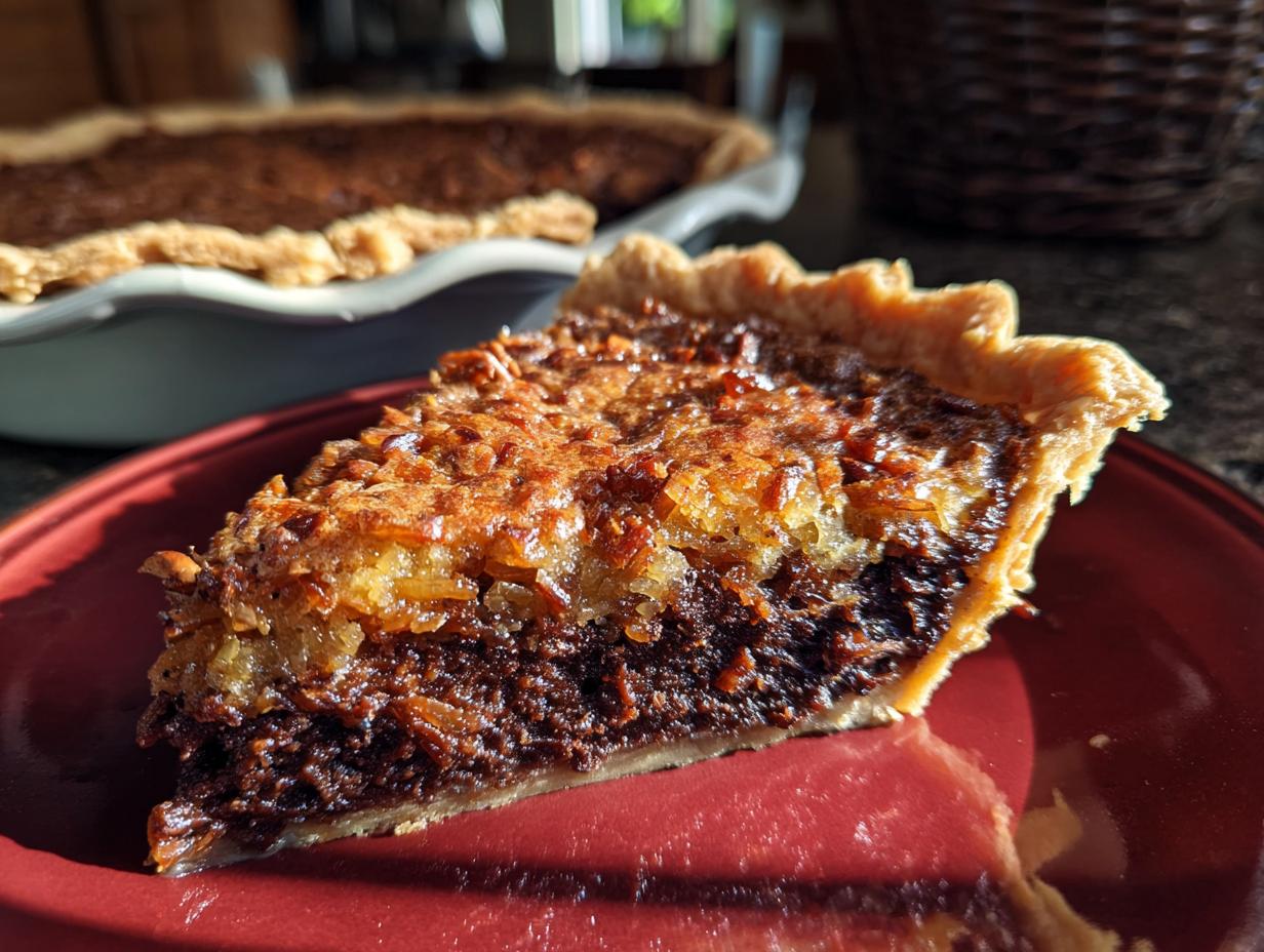 A close-up slice of rich german chocolate pie with a gooey coconut pecan topping served on a red plate.