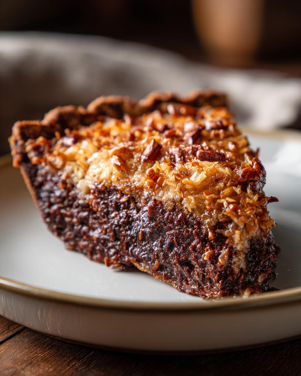Close-up of a decadent slice of german chocolate pie showing the dark chocolate filling and toasted coconut pecan topping.