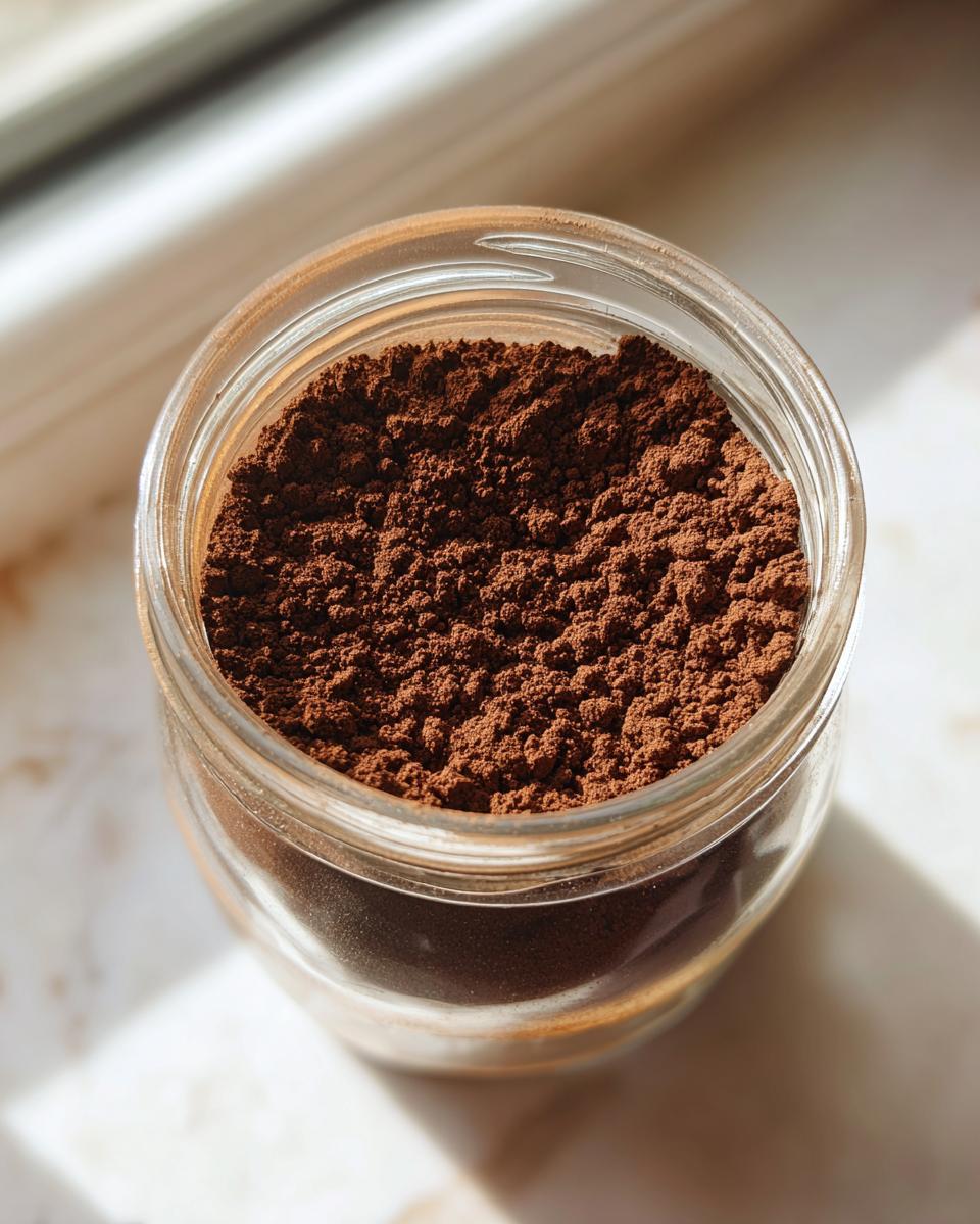 Close-up overhead shot of rich brown hot cocoa mix powder filling a small, clear glass jar.