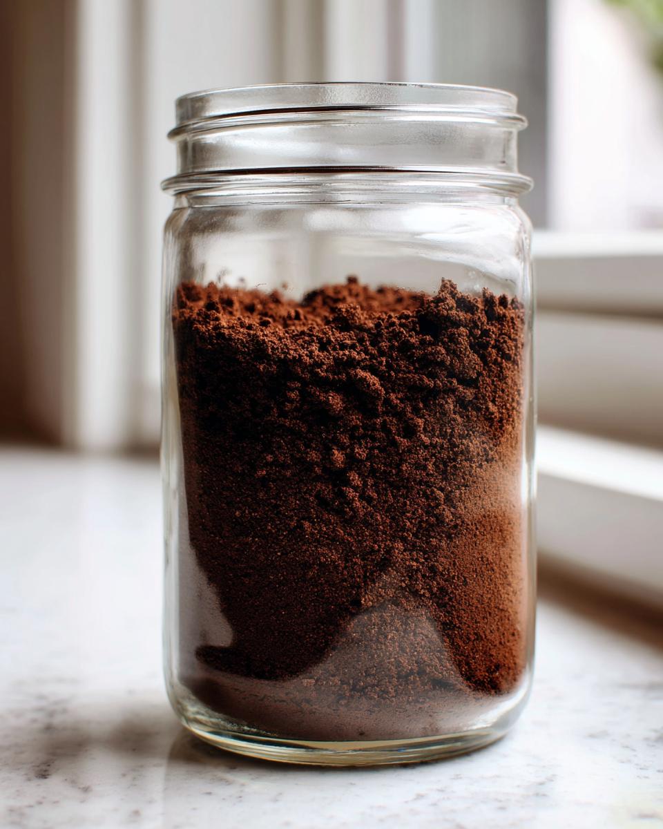 A clear glass jar filled with rich, dark brown homemade hot cocoa mix powder.