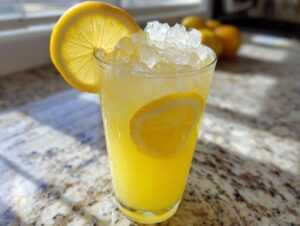 A tall glass filled with bright yellow lemonade, crushed ice, and garnished with lemon slices, perfect for a summer lemonade recipe.