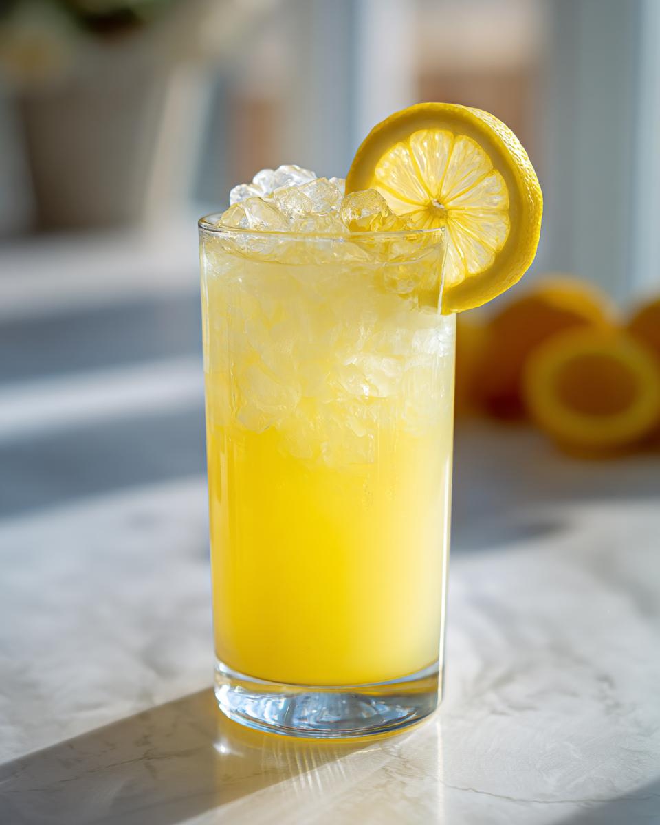 A tall glass filled with bright yellow homemade lemonade and crushed ice, garnished with a lemon slice.