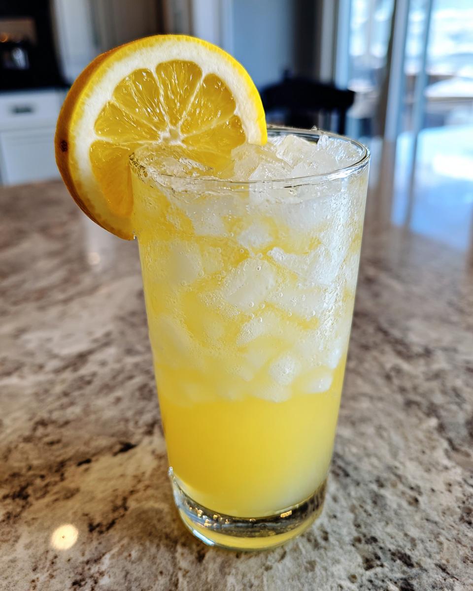 Close-up of a tall glass filled with ice and bright yellow homemade lemonade, garnished with a fresh lemon slice.