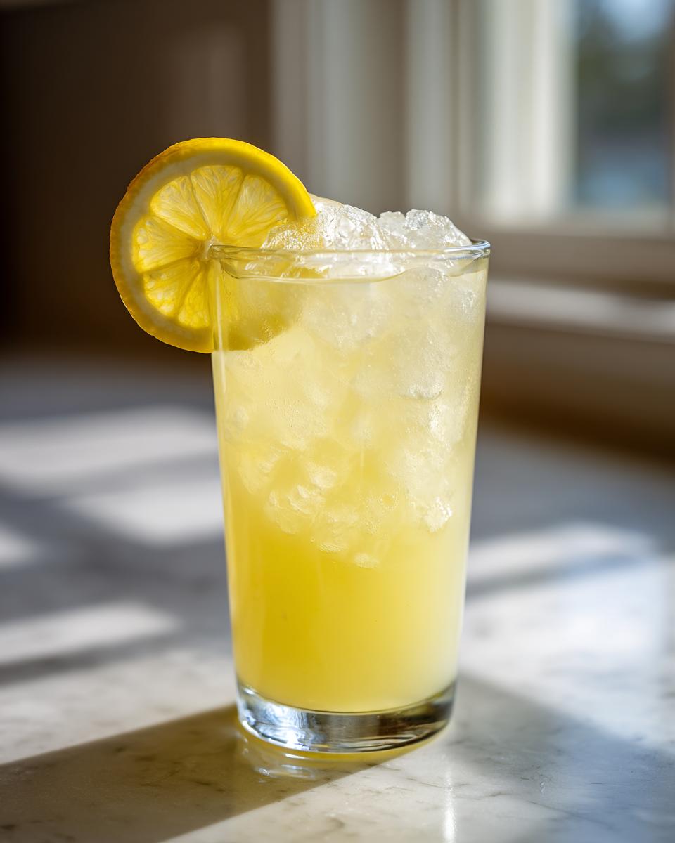 A tall glass filled with ice and bright yellow homemade lemonade, garnished with a fresh lemon slice.
