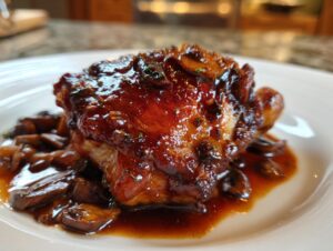 Close-up of a perfectly glazed braised chicken thighs piece served over rich mushroom sauce on a white plate.