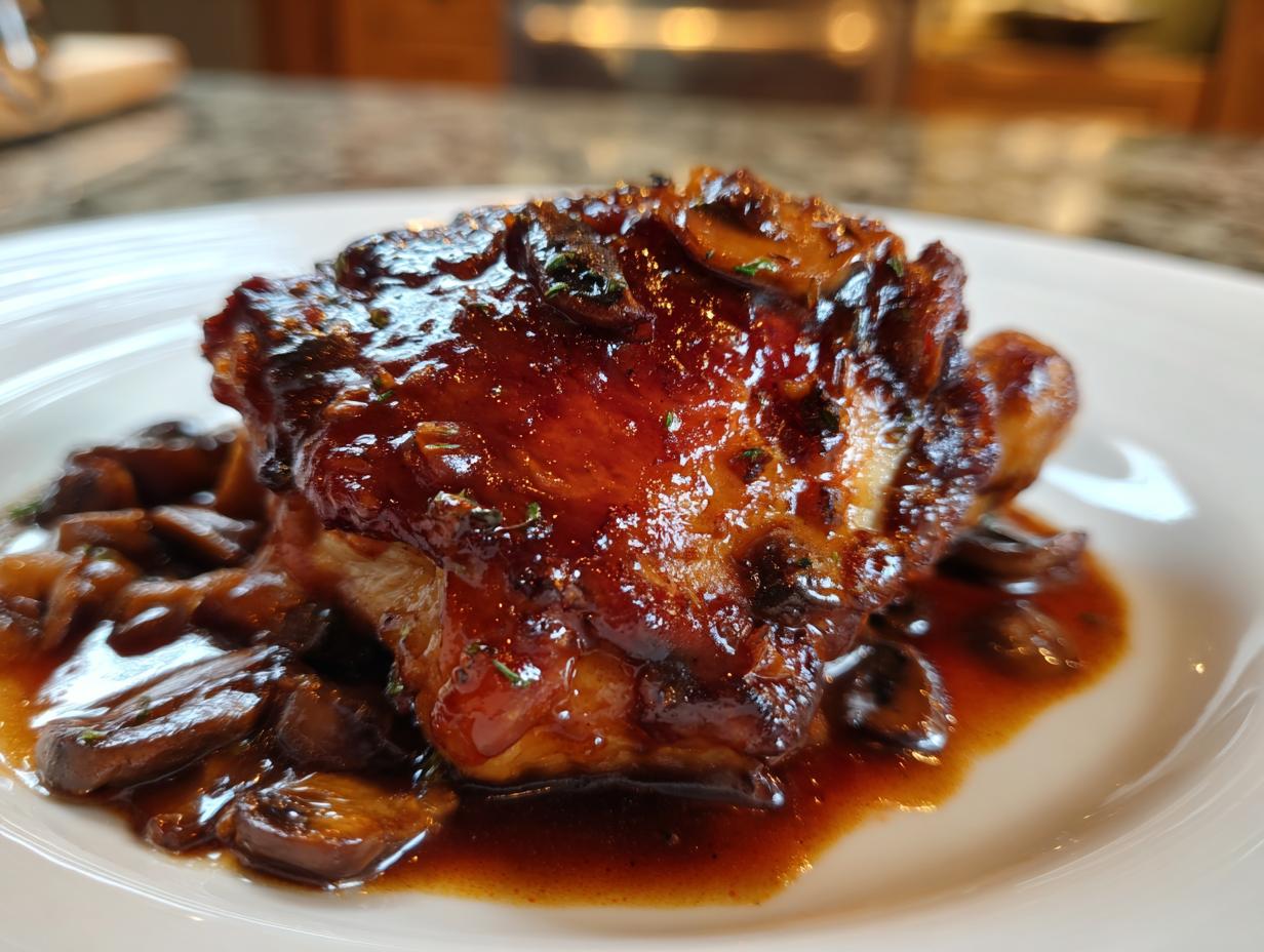 Close-up of a perfectly glazed braised chicken thighs piece served over rich mushroom sauce on a white plate.