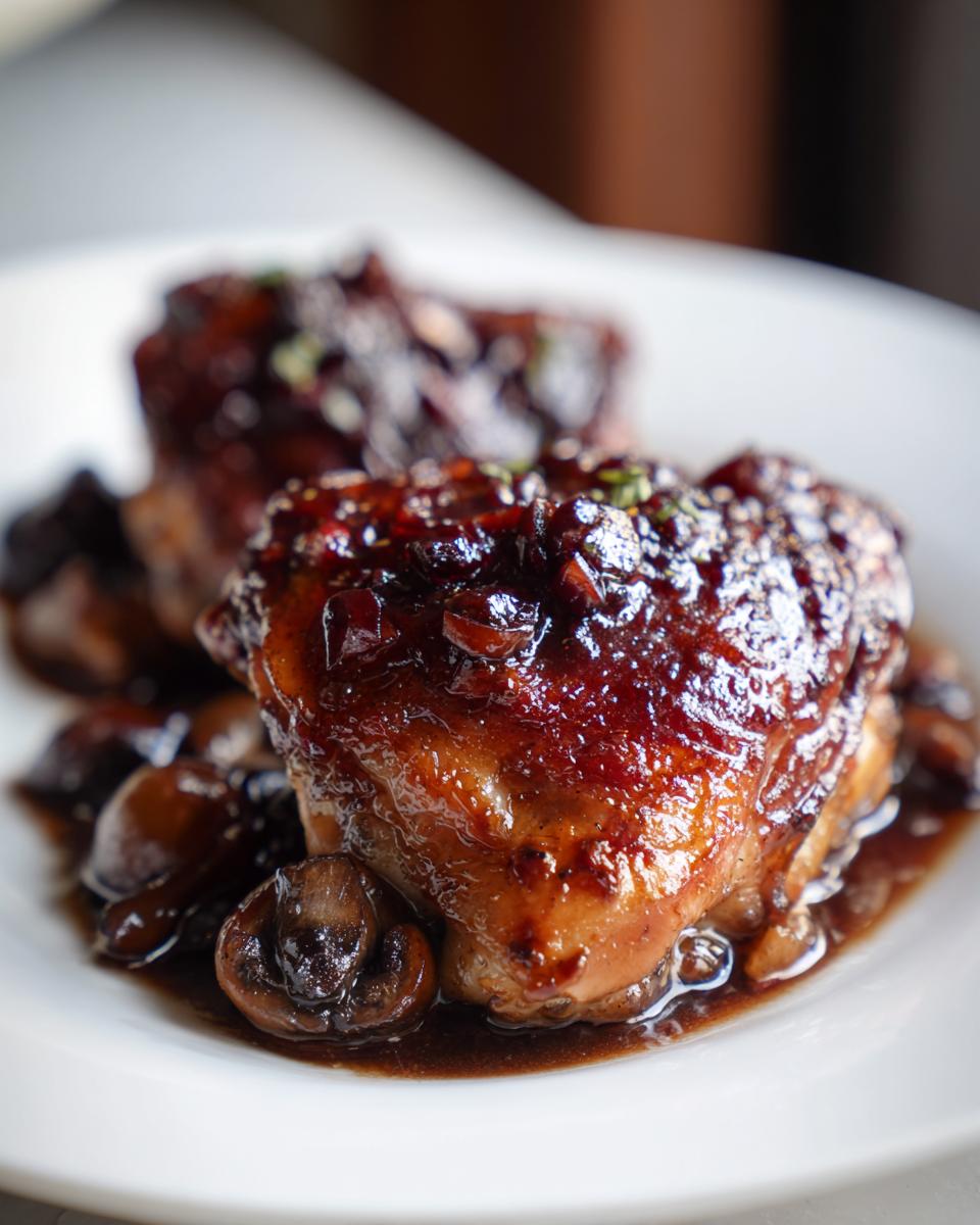 Close-up of two perfectly glazed braised chicken thighs served with dark, rich mushroom sauce.