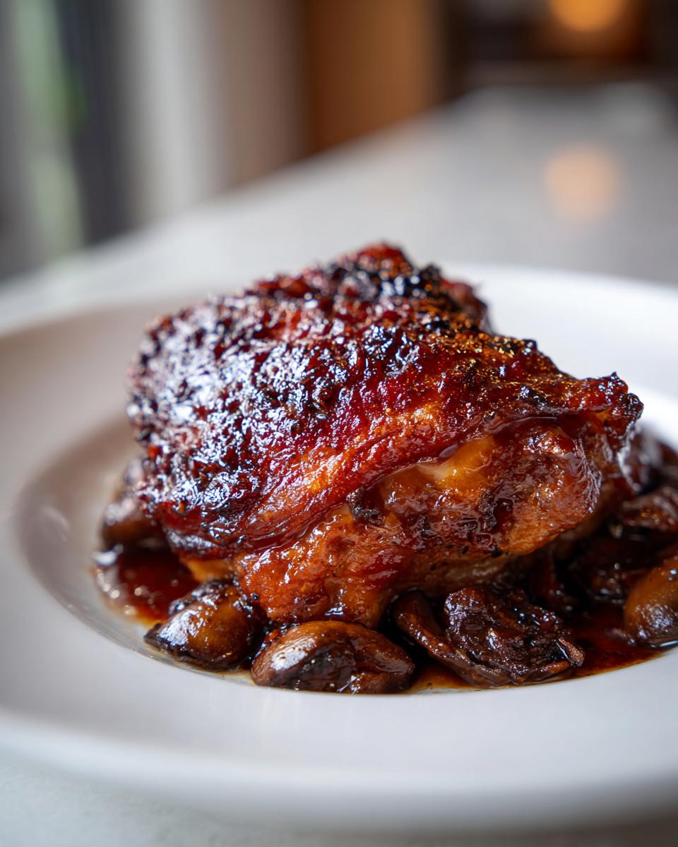 Close-up of a rich, dark, glazed braised chicken thighs served over savory mushrooms on a white plate.