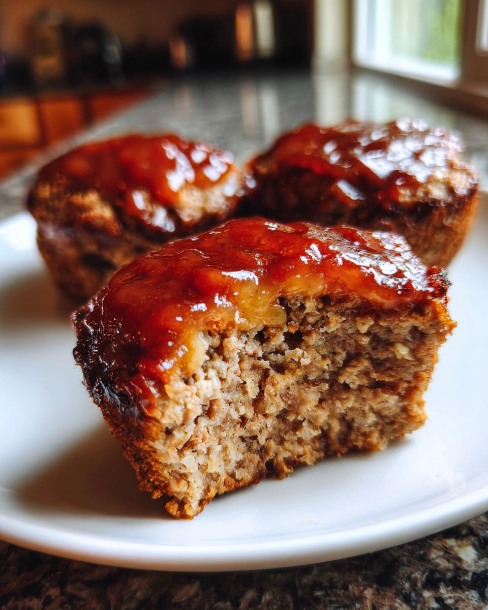 A close-up of a mini meatloaf cut in half, showing the texture and topped with a shiny glaze.