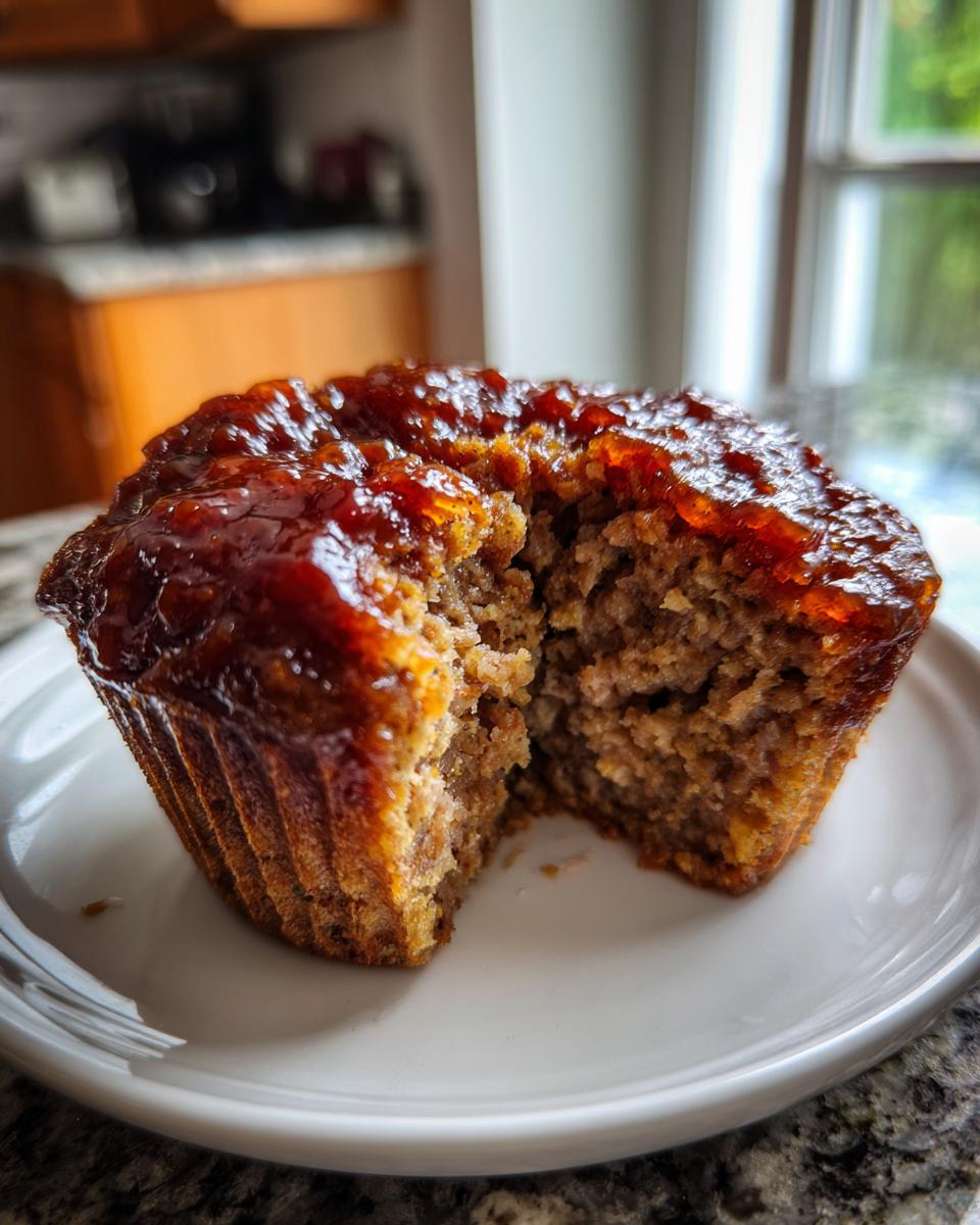 A close-up of a mini meatloaf, cut in half to show the texture, topped with a shiny glaze.