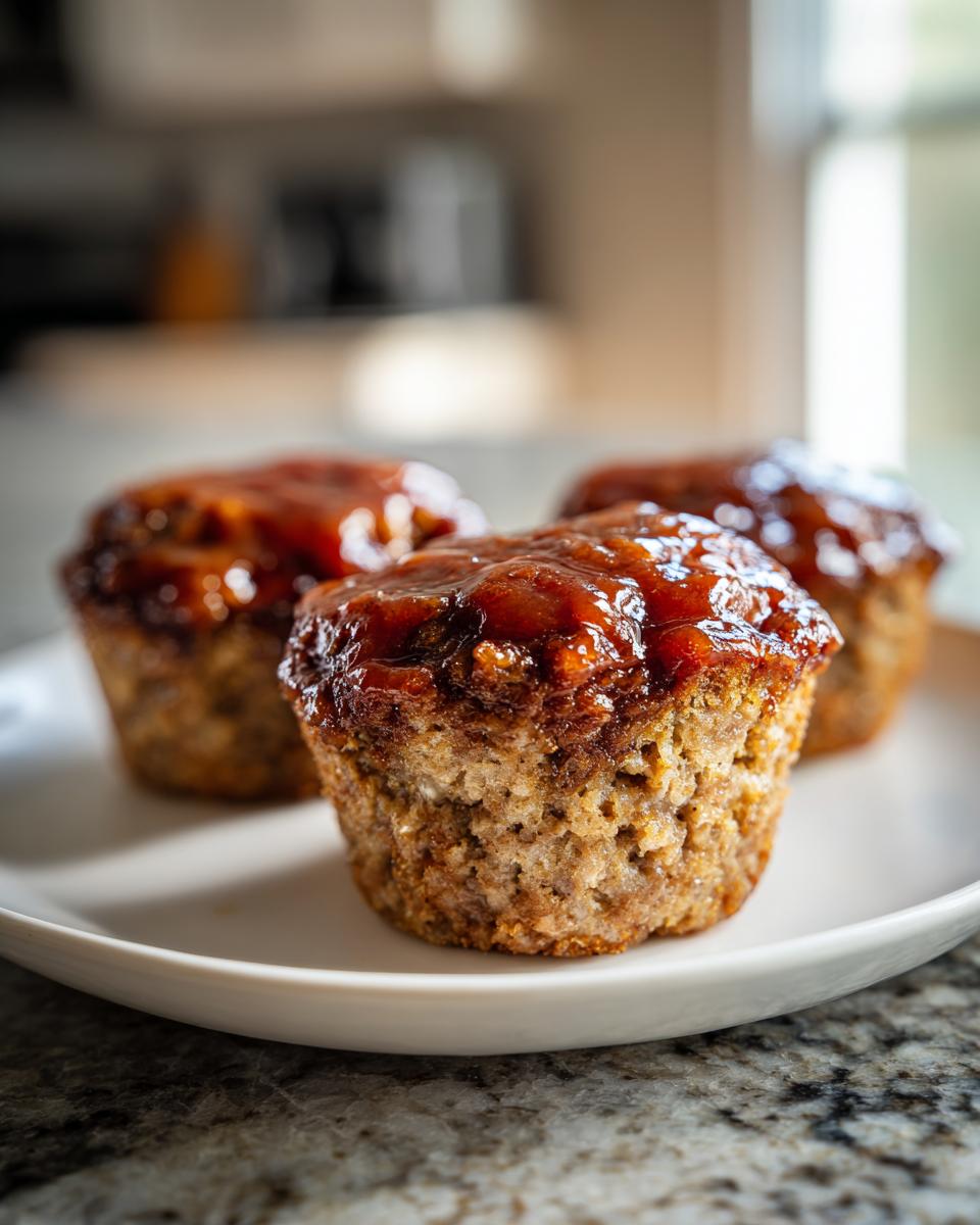 Three perfectly baked mini meatloaf portions topped with a shiny brown glaze, resting on a white plate.