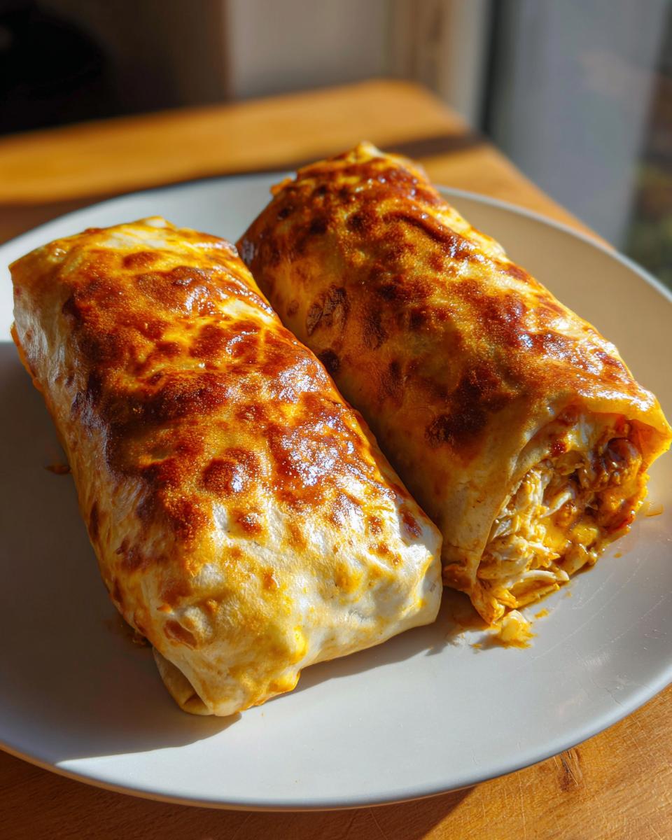 Two golden brown Baked Chicken Chimichangas topped with melted, slightly browned cheese, served on a white plate.