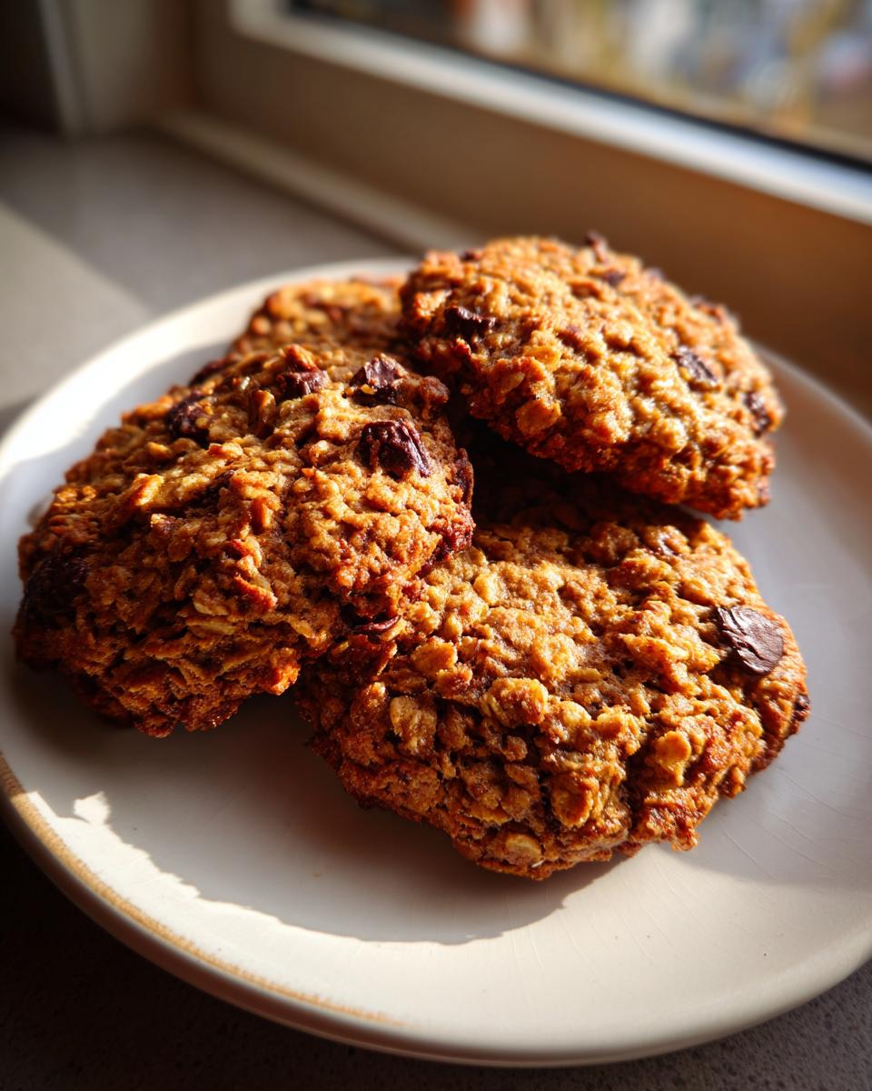 Four golden brown banana oatmeal cookies with visible oats and chocolate chunks resting on a white plate.