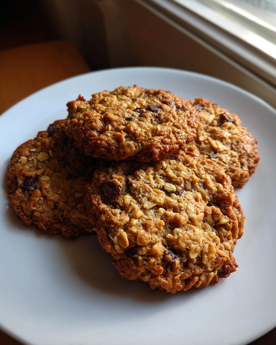 Close-up of four golden brown banana oatmeal cookies with visible oats and chocolate chips stacked on a white plate.