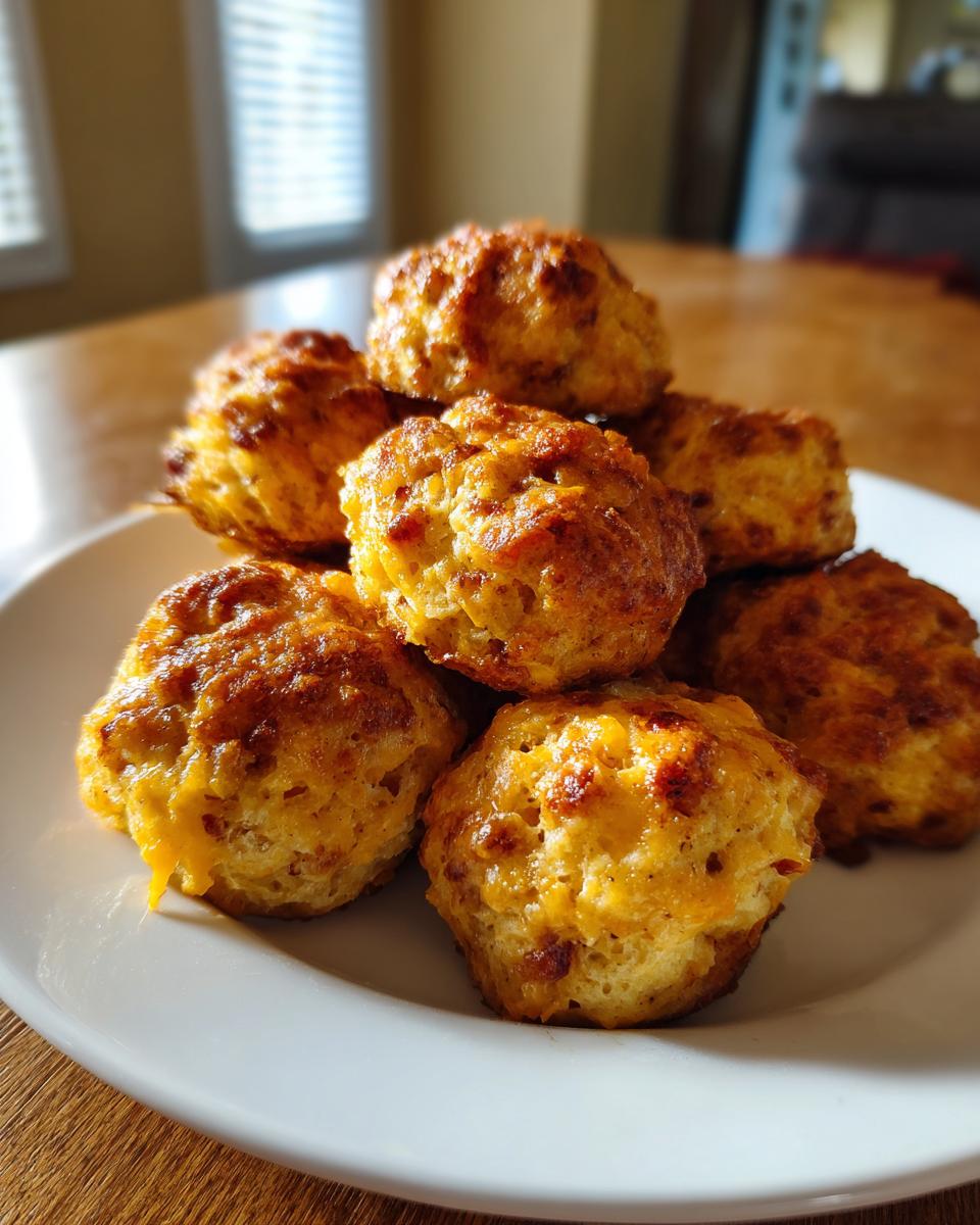 A stack of freshly baked, golden brown bisquick sausage balls piled high on a white plate.