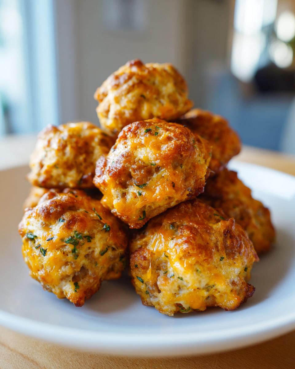 A stack of golden brown, cheesy bisquick sausage balls garnished with parsley on a white plate.