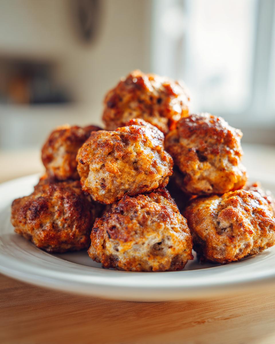 A stack of freshly baked, golden brown bisquick sausage balls piled high on a white plate.