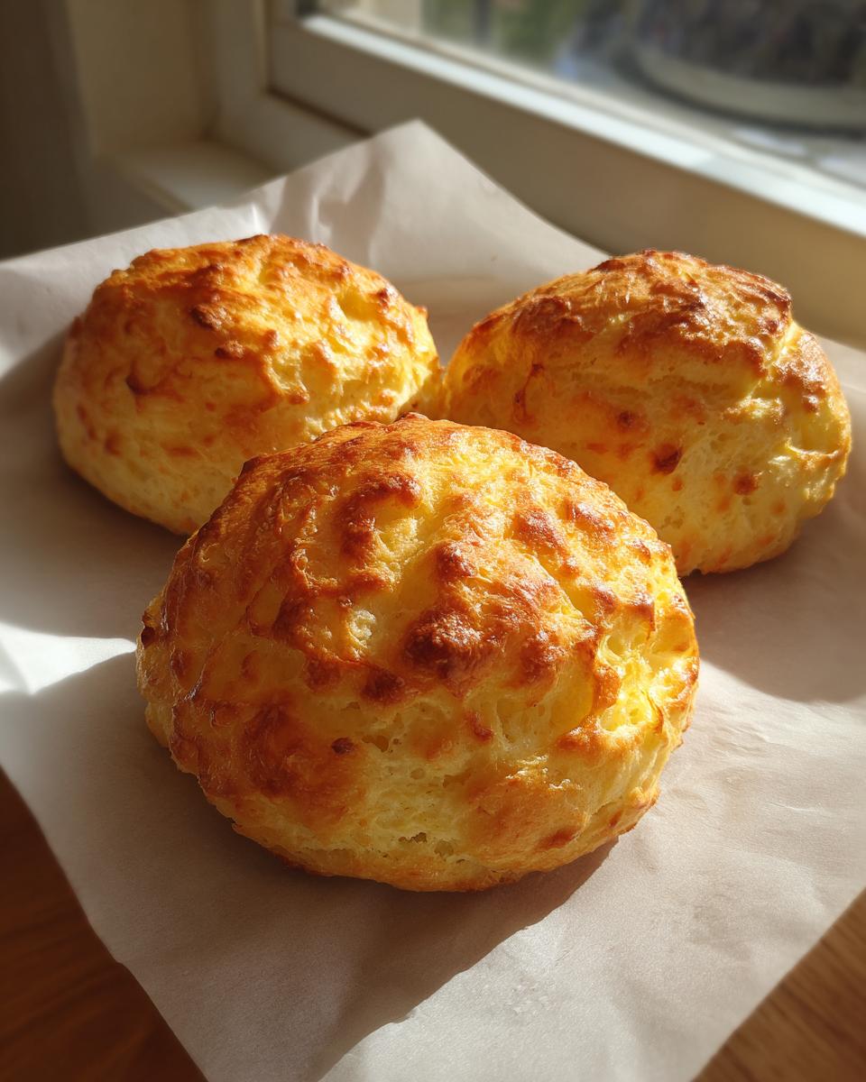 Three golden brown, puffy cloud bread buns resting on parchment paper near a window.