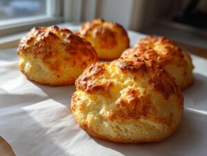 Four freshly baked, golden brown cloud bread buns resting on white parchment paper near a window.