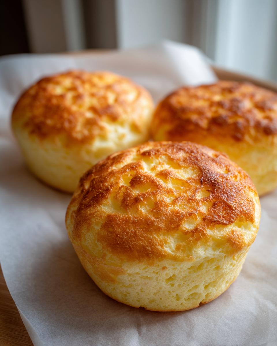 Three freshly baked, golden brown cloud bread muffins resting on parchment paper.