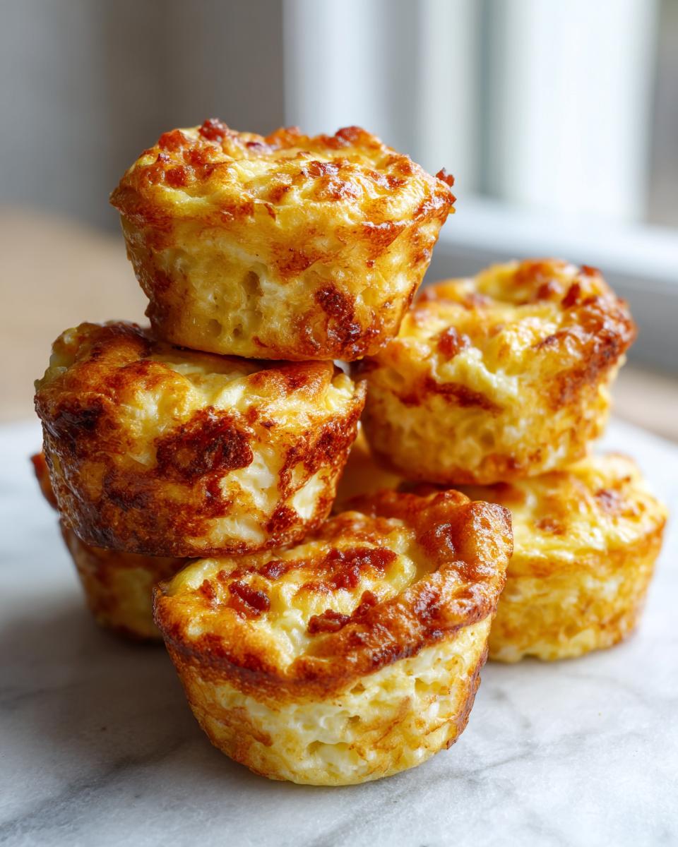 A stack of freshly baked, golden brown egg bites with slightly crispy tops, perfect for a quick breakfast.