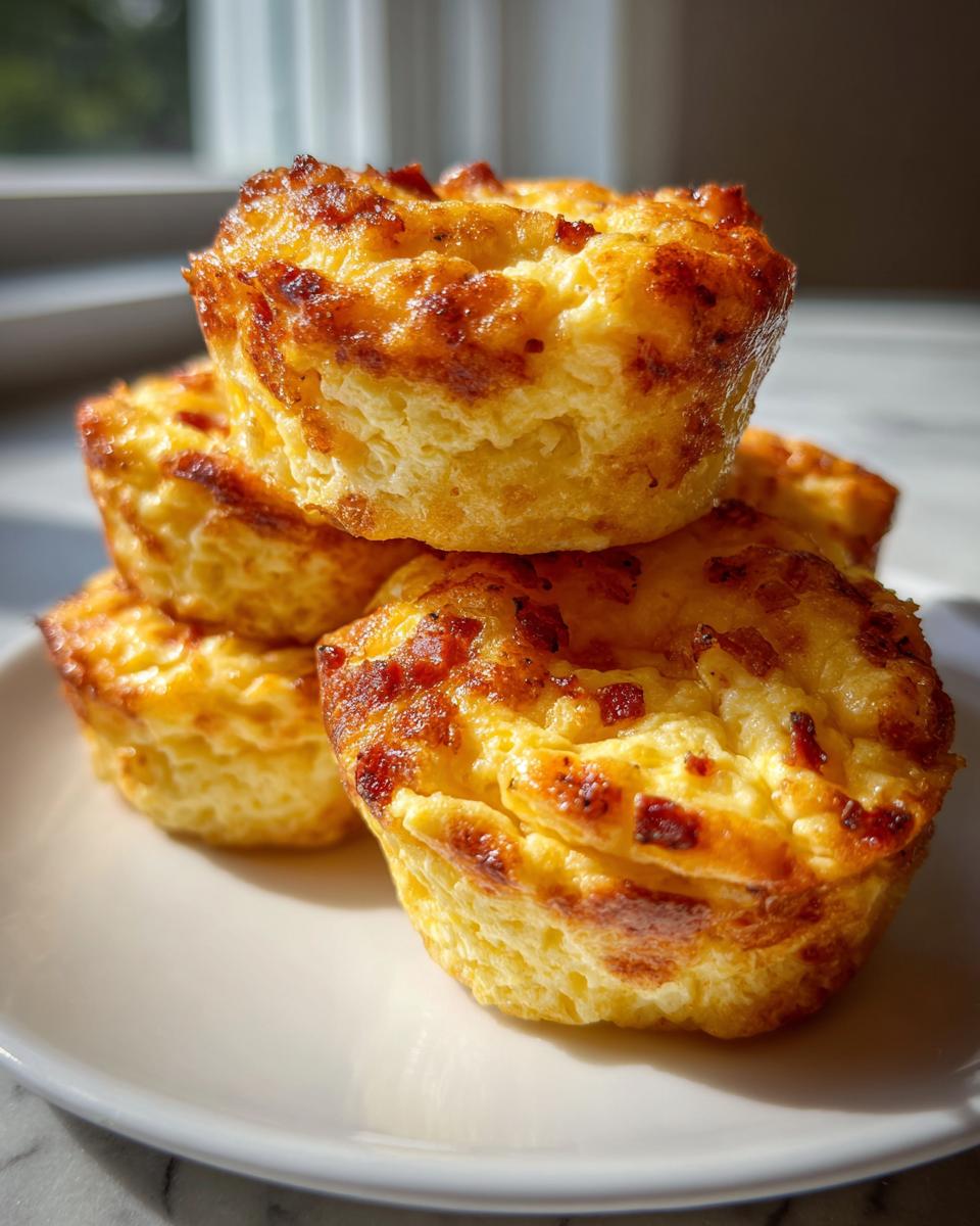 A stack of four golden brown, fluffy egg bites with browned edges, ready for a quick breakfast.