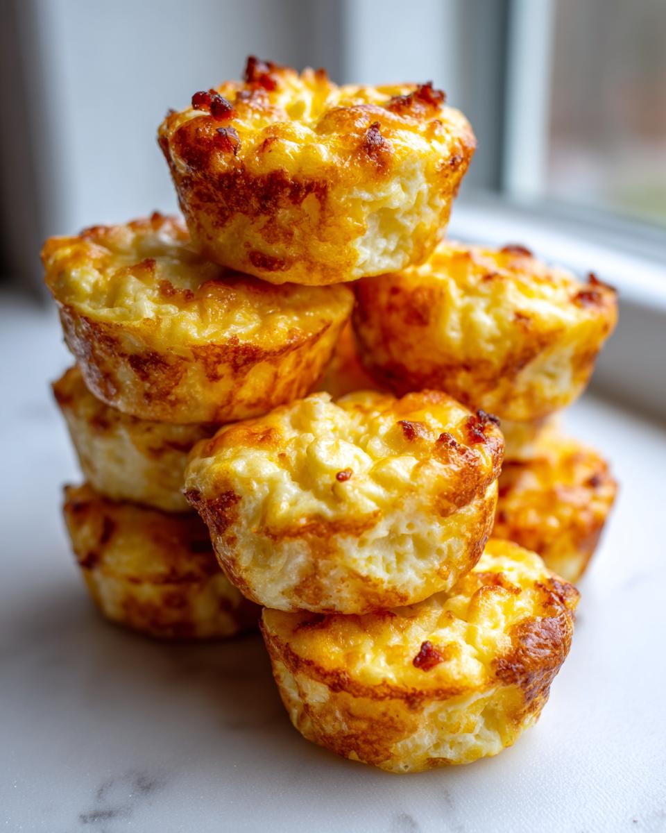 A stack of freshly baked, golden brown egg bites with slightly crispy edges, perfect for a quick breakfast.