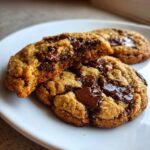 Close-up of gooey sourdough chocolate chip cookies on a white plate, one cookie is broken in half showing the melted chocolate center.