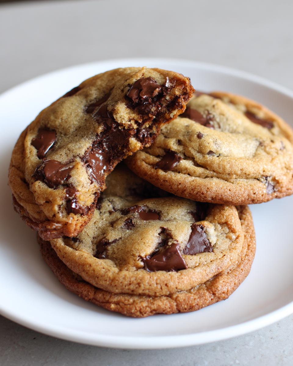 Close-up of gooey sourdough chocolate chip cookies stacked on a white plate, one cookie broken to show melted chocolate center.