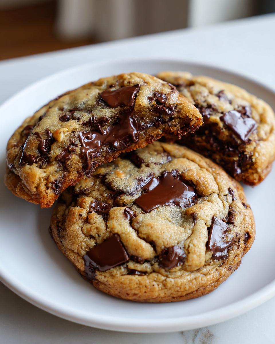 Close-up of gooey sourdough chocolate chip cookies, one broken open to show melted chocolate.