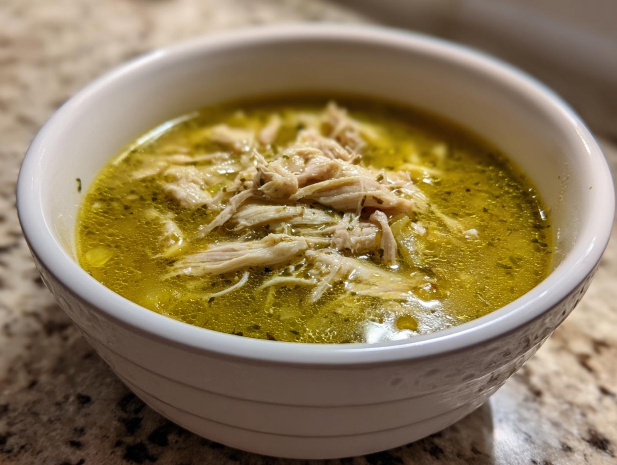 Close-up of a white bowl filled with green chicken pozole, featuring shredded chicken breast floating in the flavorful broth.