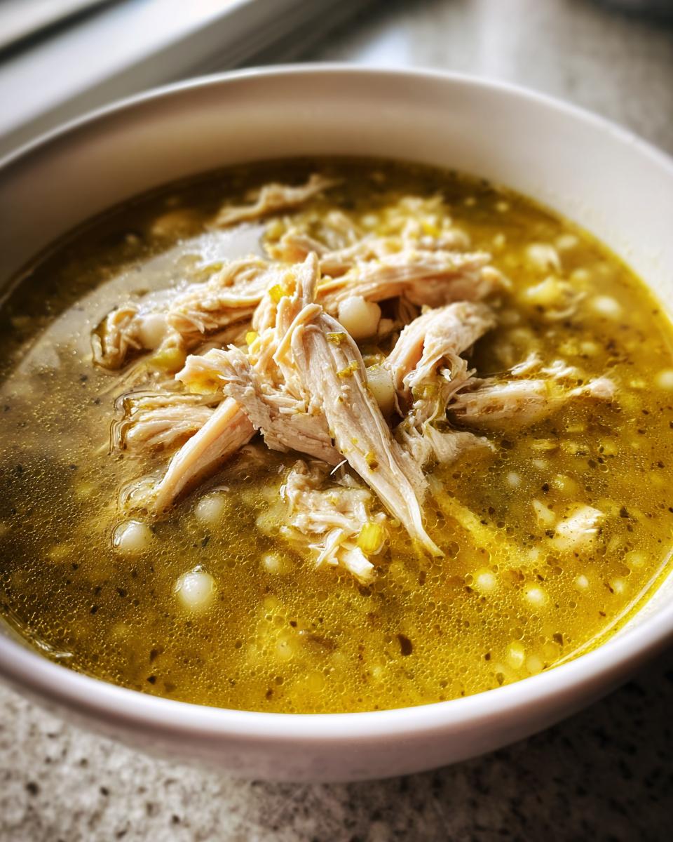 Close-up of a white bowl filled with green chicken pozole, featuring shredded chicken and hominy in a savory broth.