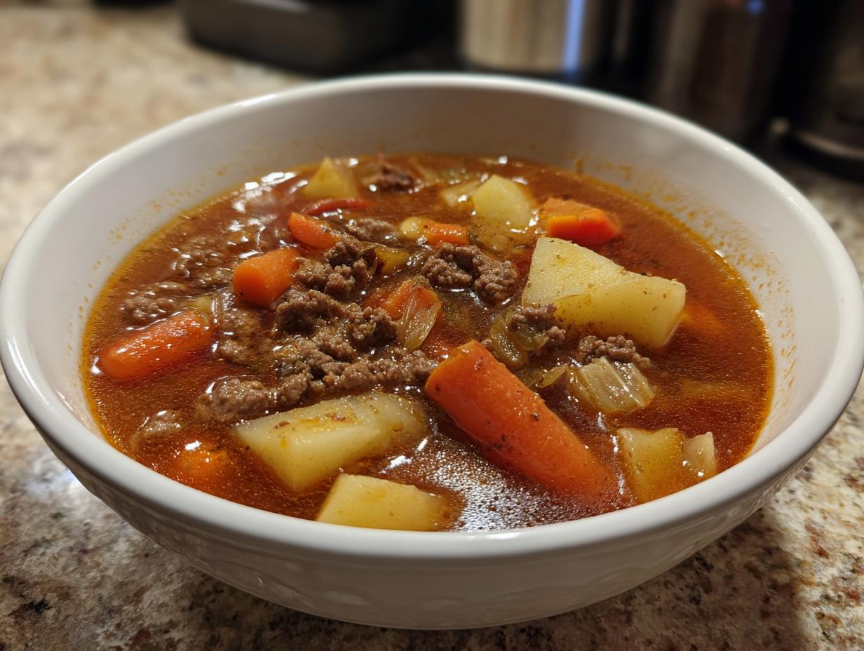 Close-up of a white bowl filled with rich, savory hamburger soup featuring ground beef, carrots, and potatoes.