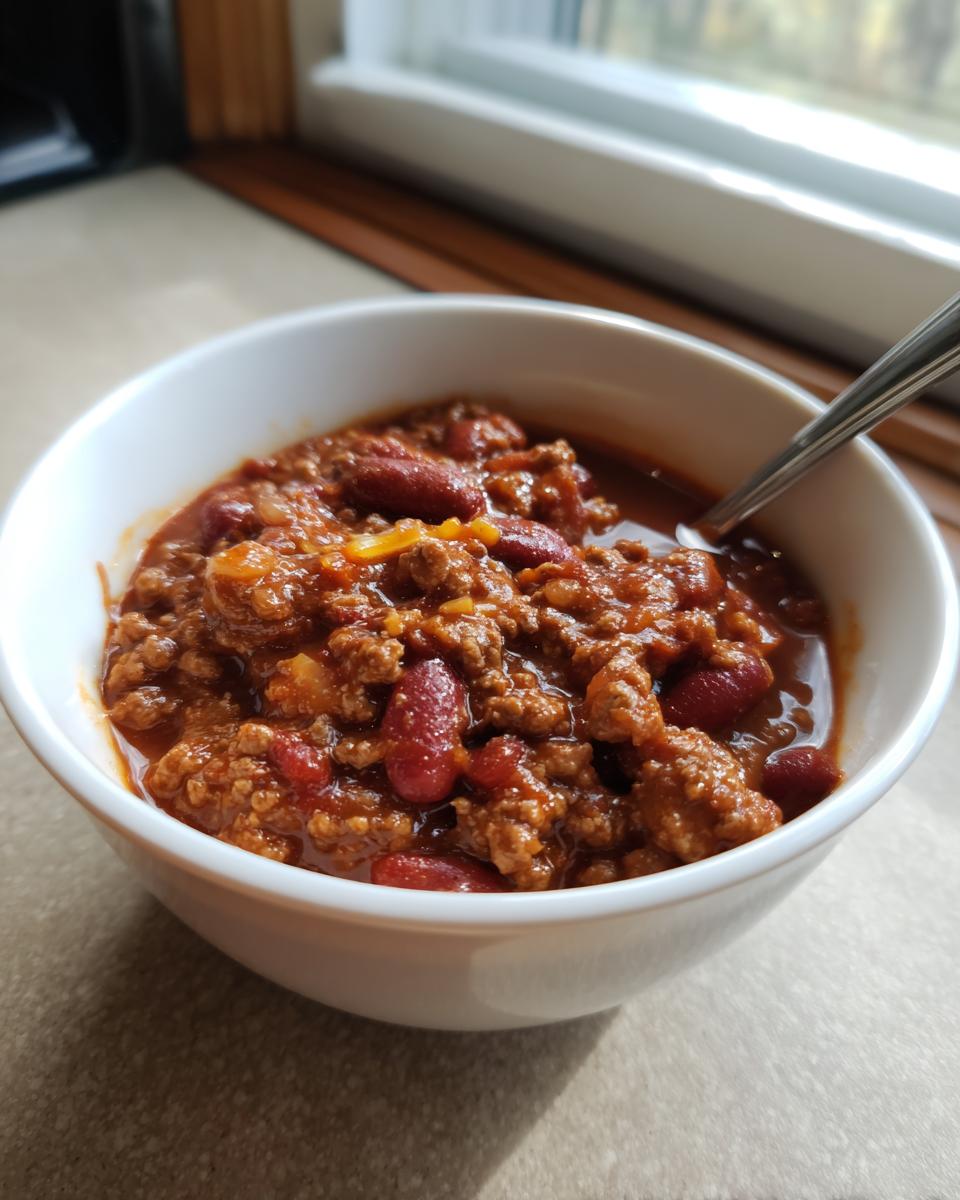 A close-up of a white bowl filled with hearty chili, featuring ground meat and red kidney beans, ready to eat.