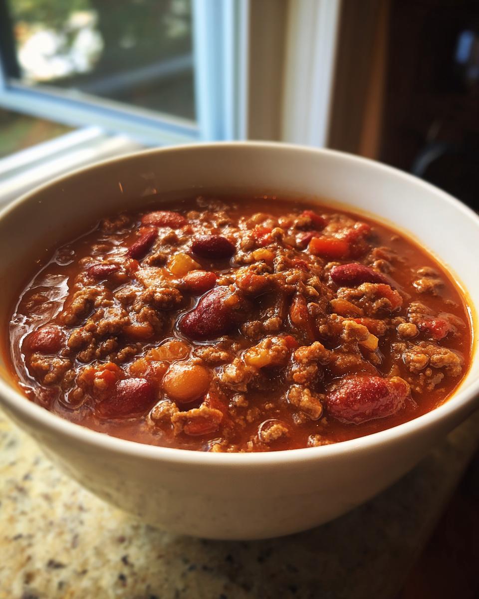 Close-up of a white bowl filled with rich, meaty chili featuring kidney beans and a thick tomato base.