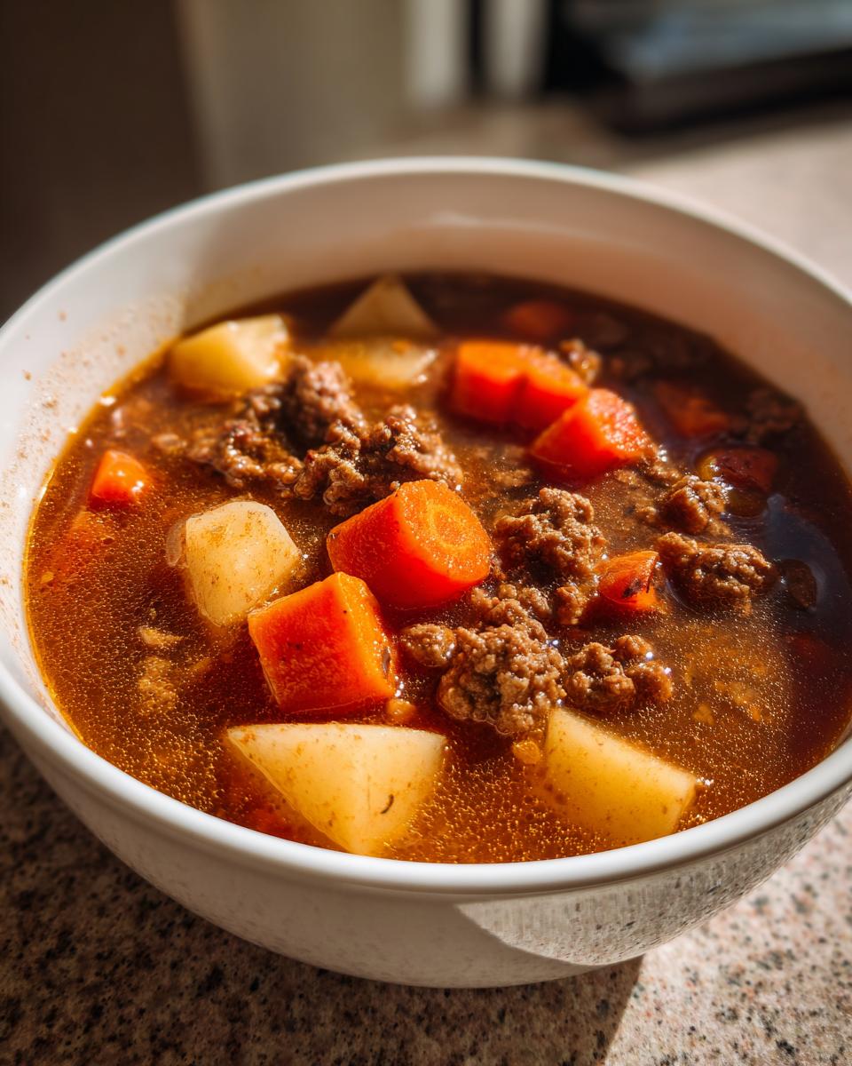 Close-up of a white bowl filled with rich hamburger soup, featuring ground beef, chunks of potato, and bright orange carrots.