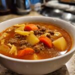Close-up of a white bowl filled with rich hamburger soup featuring ground beef, carrots, potatoes, and noodles.
