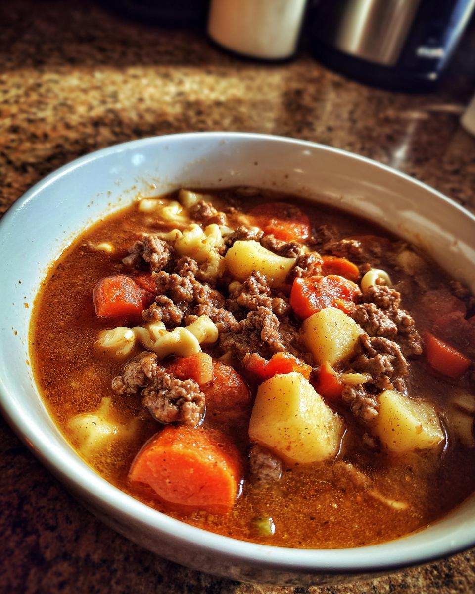 Close-up of a bowl of rich hamburger soup filled with ground beef, potatoes, carrots, and elbow macaroni.