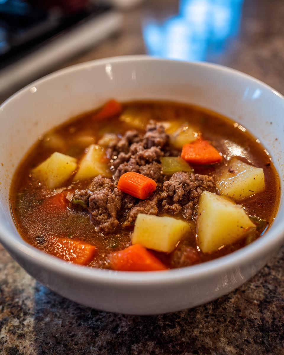 Close-up of a white bowl filled with rich hamburger soup, featuring ground beef, potatoes, and carrots.