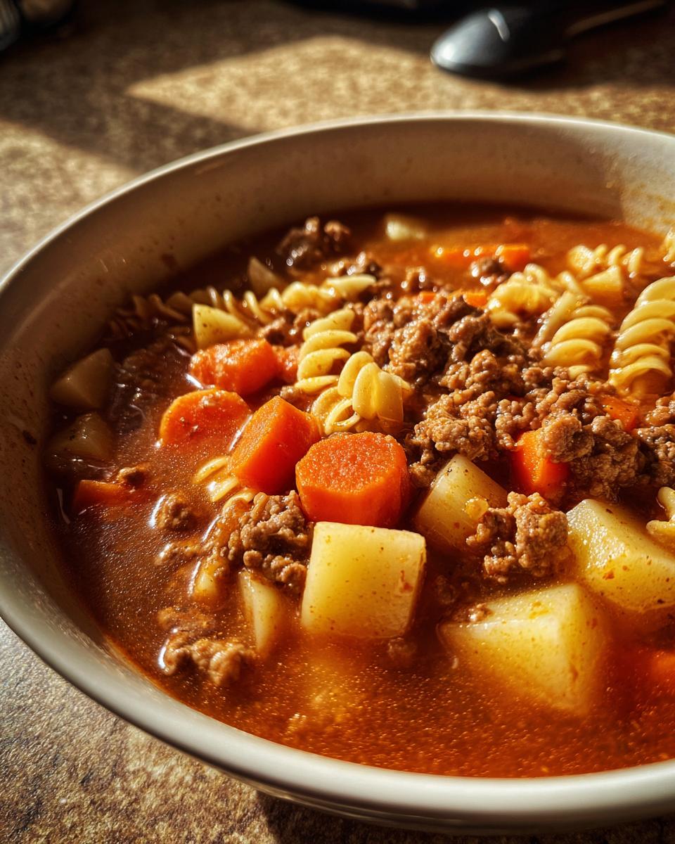Close-up of a bowl of rich hamburger soup containing ground beef, carrots, potatoes, and rotini pasta.